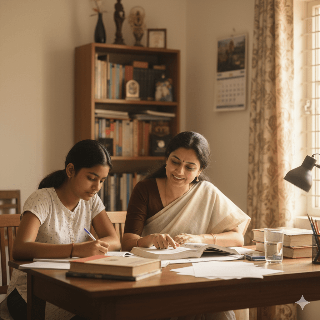 Happy student learning with tutor at home